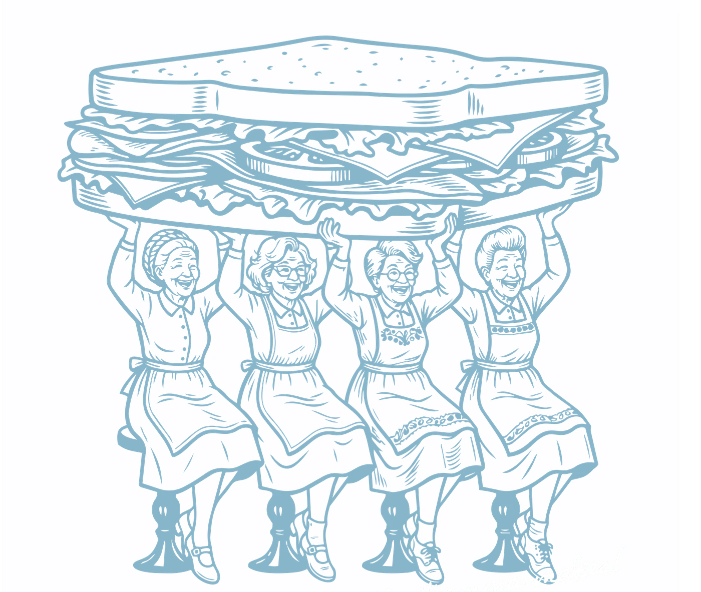Illustration of four Italian grandmothers in aprons holding an enormous sandwich above their heads